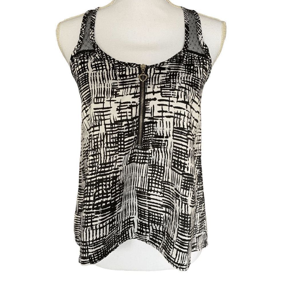 Grass Collection Womens Top Size XS Black White Hi Lo Hem Front Half Zipper Lace